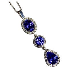 Contemporary 14K White Gold Three Stone Fancy Shape Tanzanite Diamond Pendant