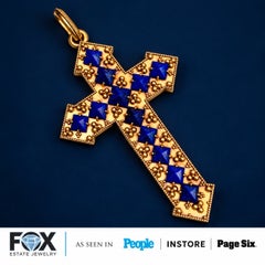 Antique Victorian 14K Yellow Gold Carved Lapis Etruscan Revival Cross Pendant