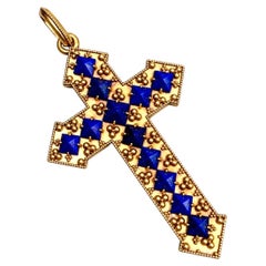 Antique Victorian 14K Yellow Gold Carved Lapis Etruscan Revival Cross Pendant