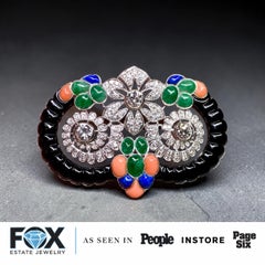 Vintage Art Deco 18K Diamond Cabochon Coral Jade Lapis Onyx Floral Brooch