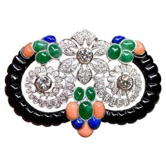 Vintage Art Deco 18K Diamond Cabochon Coral Jade Lapis Onyx Floral Brooch