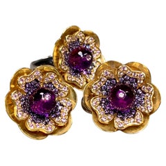 Italian Designer 18K Amethyst Pink Sapphire Huggie Earrings & Ring Set By SIDRA