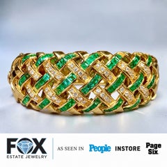 Estate 18K Yellow Gold Emerald & Diamond Woven Cuff Bracelet 6.75ctw NUMBERED