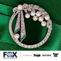 Antique Art Deco 2ctw Mine Diamond Emerald Natural Pearl Platinum Circle Brooch