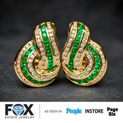 Charles Krypell Vintage 18K Gold Emerald Diamond Swirl Huggie Earrings 1.80ctw