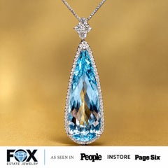 Estate 18K Long Teardrop Aquamarine Diamond Silhouette Pendant & Platinum Chain