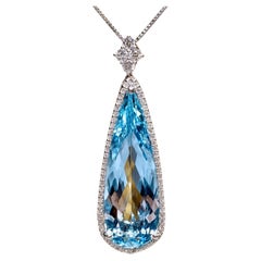 Estate 18K Long Teardrop Aquamarine Diamond Silhouette Pendant & Platinum Chain