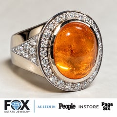 Vintage 18K High Domed Cabochon Orange Spessartine Garnet & Diamond Ring