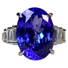 Estate Platinum Oval Tanzanite Graduating Baguette Diamond Cocktail Ring