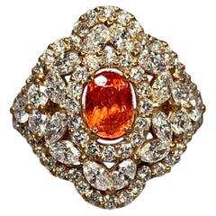 Estate 18K Mandarin Garnet Marquise Round Diamond Navette Floral Cocktail Ring