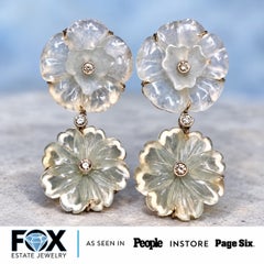 Estate 14K Icy Jade Double Floral Drop Bezel Set Diamond Screwback Earrings