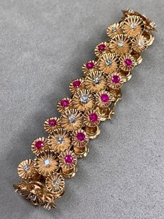 Bracelet vintage rétro en or rose 14 carats, avec diamants européens et rubis, motif floral cannelé, 7,5 pouces