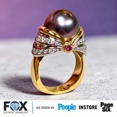 Sculptural Tahitian Pearl Diamond & Pink Sapphire Bow Ring 18K Gold & Platinum