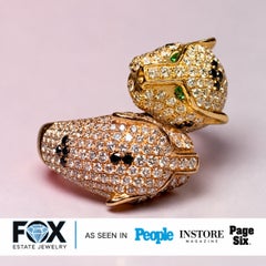 Estate 18K Yellow & Rose Gold Pavé Diamond Tsavorite Garnet Leopard Bypass Ring