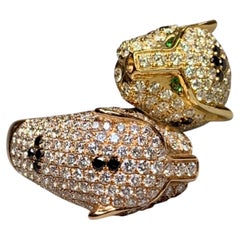 Estate 18K Yellow & Rose Gold Pavé Diamond Tsavorite Garnet Leopard Bypass Ring