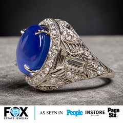 Deco Platinum Star Sapphire & Trapezoid Cut Diamond Filigree Cocktail Ring
