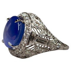 Deco Platinum Star Sapphire & Trapezoid Cut Diamond Filigree Cocktail Ring
