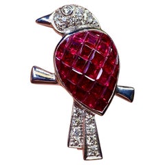 Estate 18K White Gold Invisible-Set Ruby & Diamond Bird Pin Pendant 3.76ctw