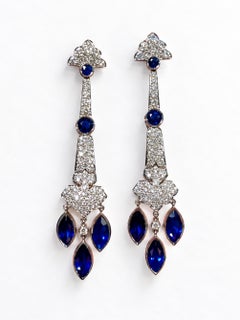 Estate 18K White Gold Diamond Marquise Sapphire Dangle Drop Deco Style Earrings