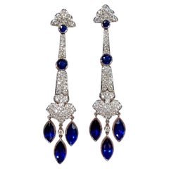 Estate 18K White Gold Diamond Marquise Sapphire Dangle Drop Deco Style Earrings
