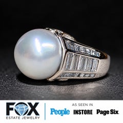 Estate Platinum South Sea Pearl Baguette & Marquise Diamond Large Cocktail Ring