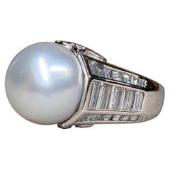 Estate Platinum South Sea Pearl Baguette & Marquise Diamond Large Cocktail Ring