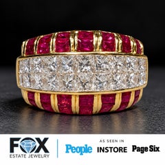 Estate 18K Yellow Gold Graduated Princess Diamond & Square Ruby Cocktail Ring
