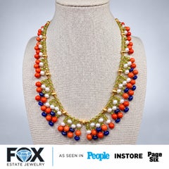 Estate 18K Coral Sapphire & Peridot Dramatic Fringe Necklace 25ctw 16.50”