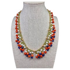Estate 18K Coral Sapphire & Peridot Dramatic Fringe Necklace 25ctw 16.50”