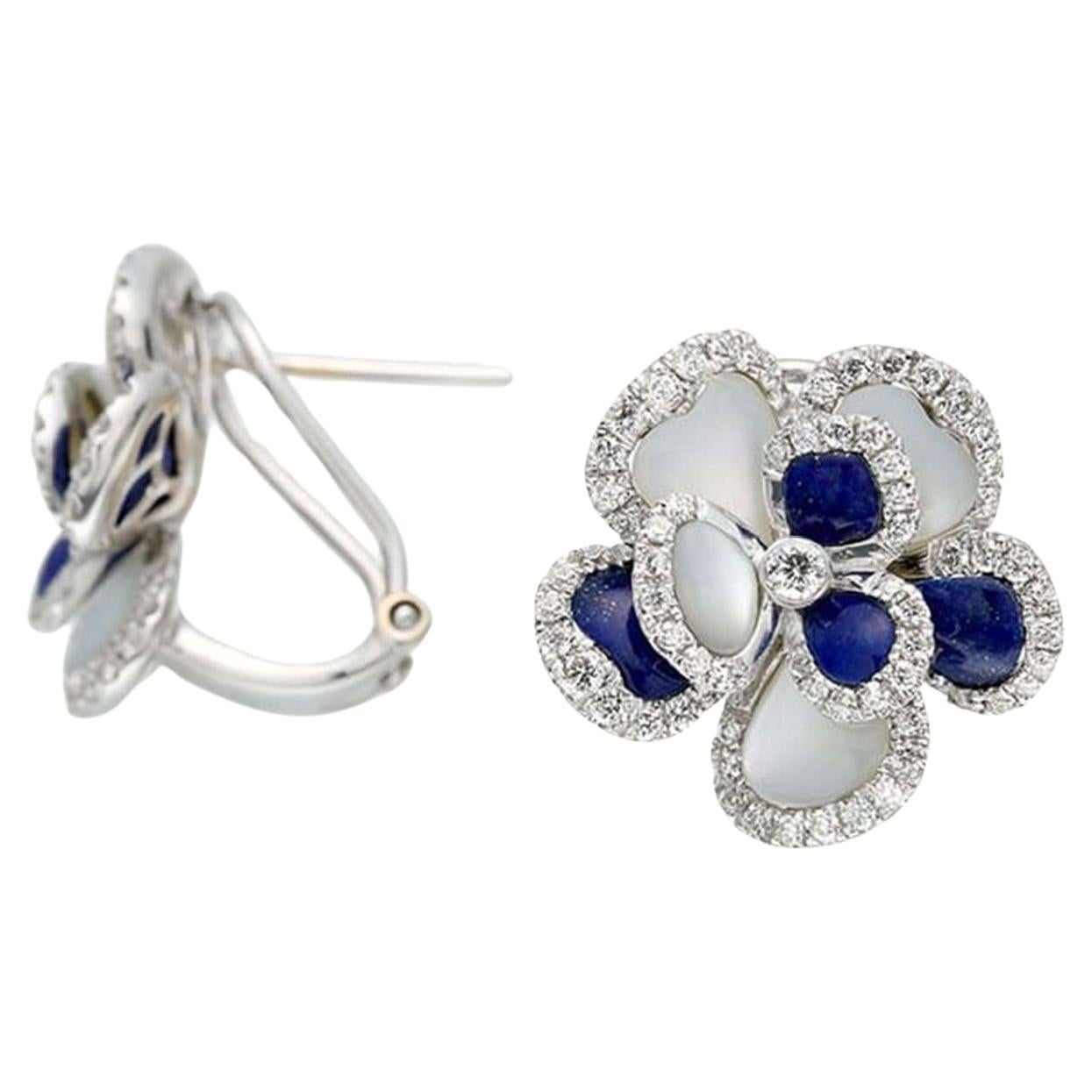 18K White Gold Lapis Lazuli Mother-of-Pearl Diamond Earrings For Sale