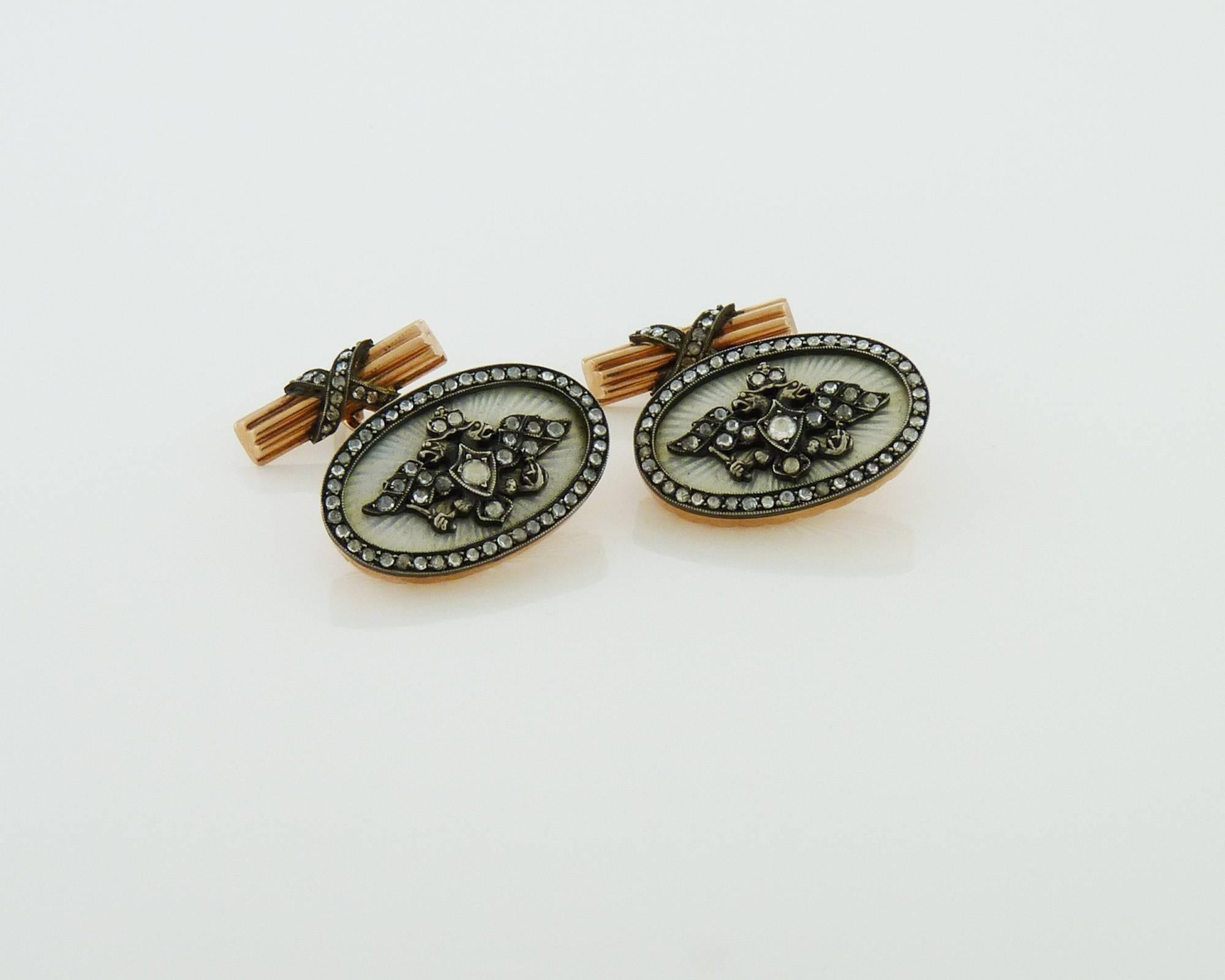 Absolutely gorgeous, rare pair of rose-cut diamonds enamel cuff-links. Russian Imperial style. 
The design features double headed eagle that was a symbol of the Russian Empire and the Romanov Czar Dynasty. 
The cuff-links are made in rose gold and