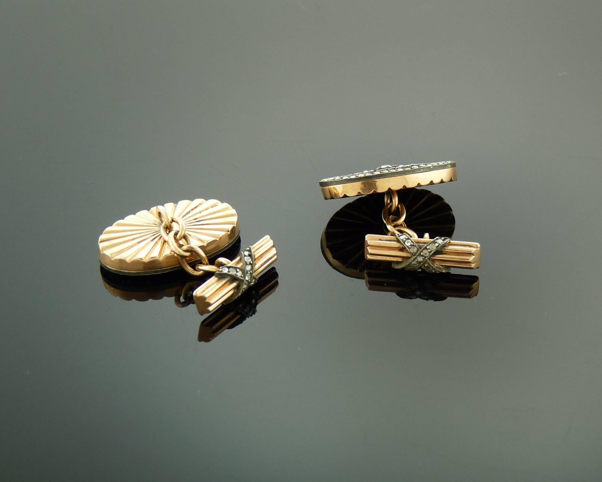 Enamel Diamond Silver-Topped Gold Cufflinks  In Excellent Condition In New York, NY
