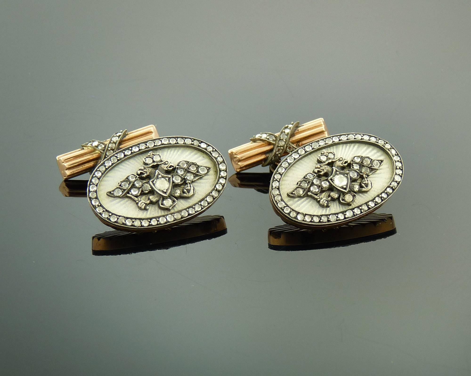 Russian Empire Enamel Diamond Silver-Topped Gold Cufflinks 