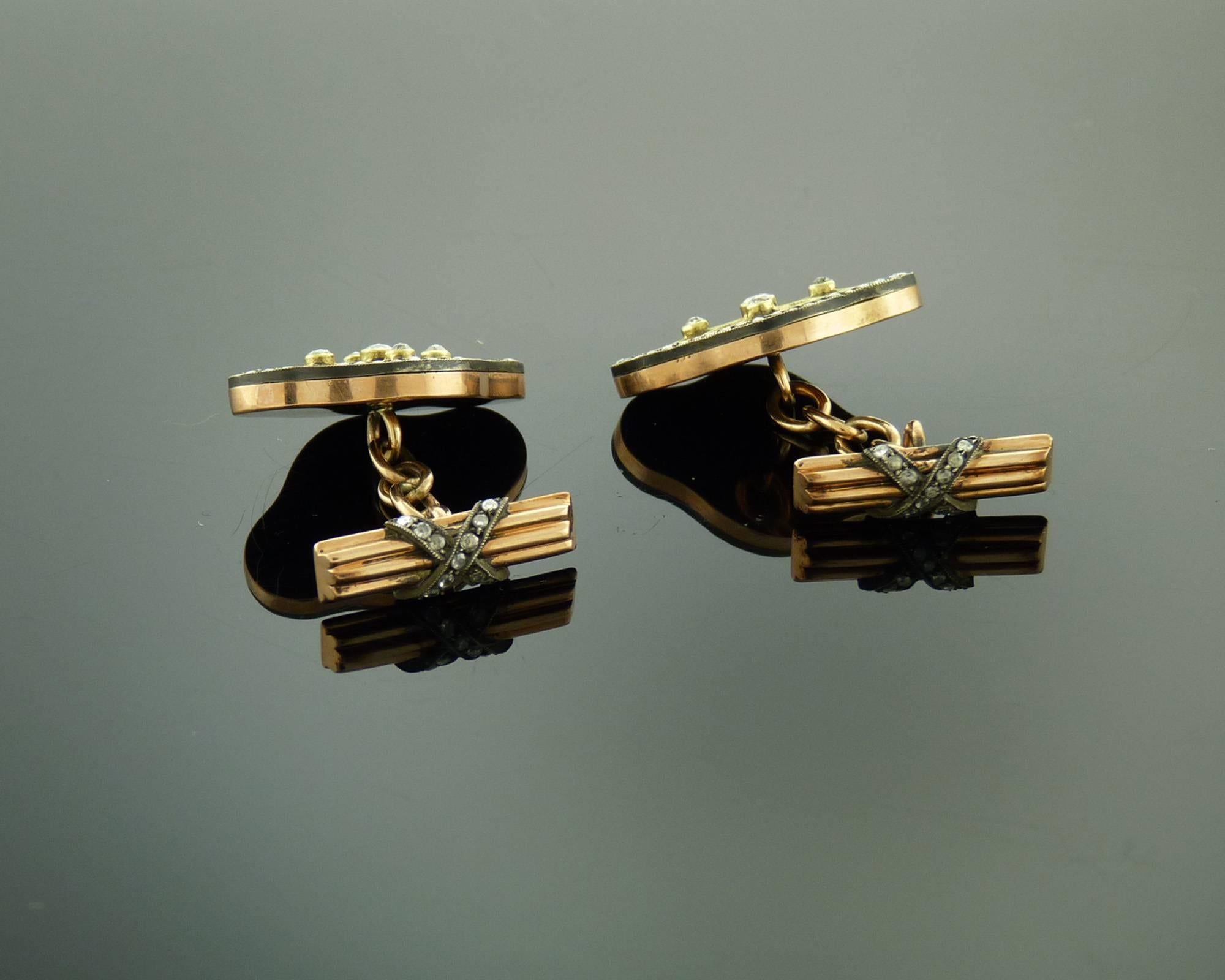 Russian Empire Diamond Enamel & Silver-topped Gold Cufflings, Imperial Russian Style