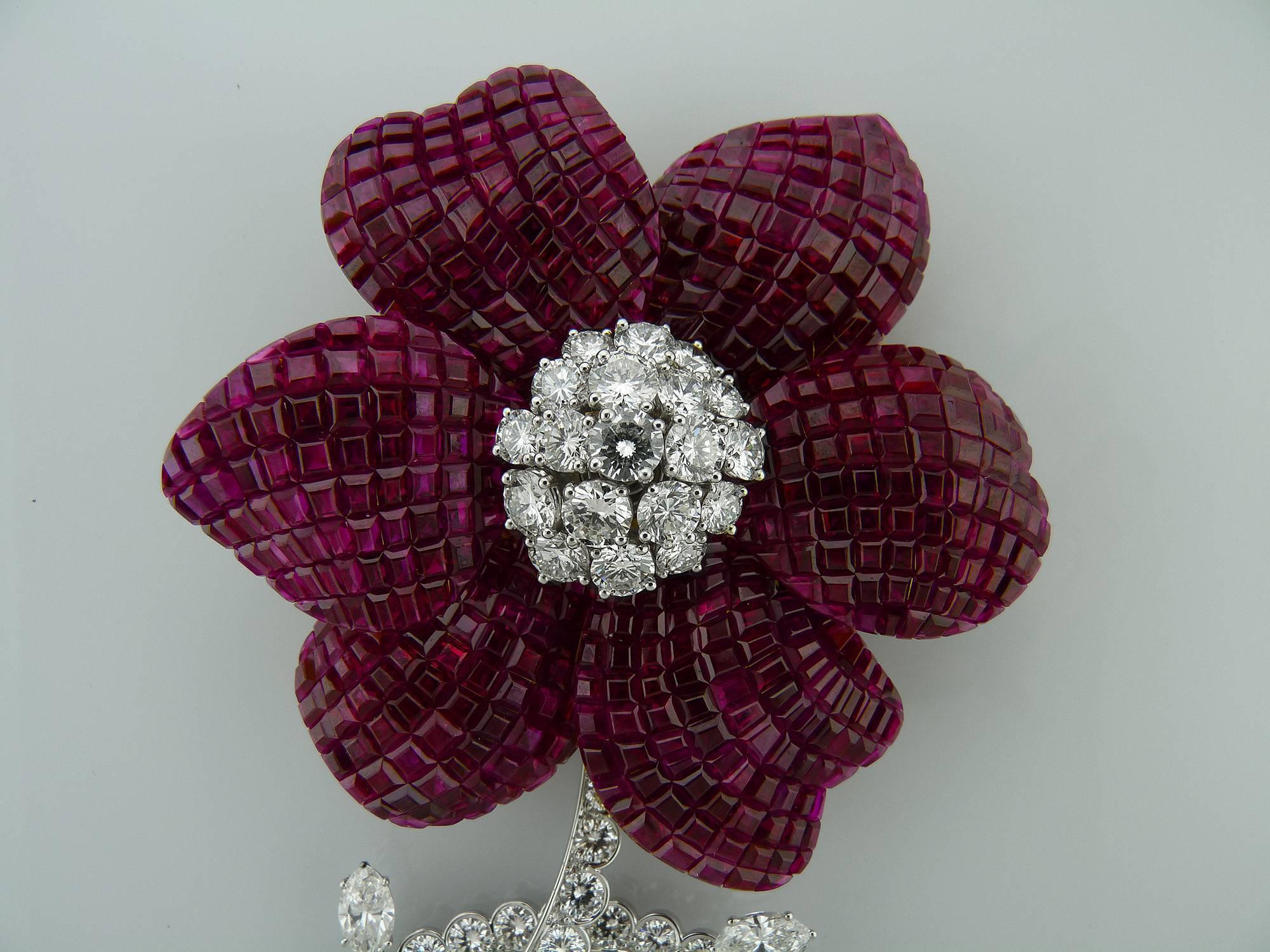 Aletto Brothers Invisibly Set Ruby and Diamond Platinum Flower Brooch ...
