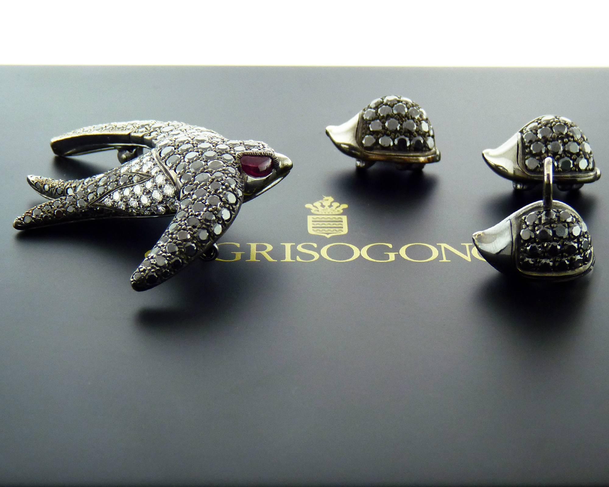 Women's De Grisogono Diamond 18 Karat Black Rhodium Gold Earrings Brooch Pendent Set For Sale