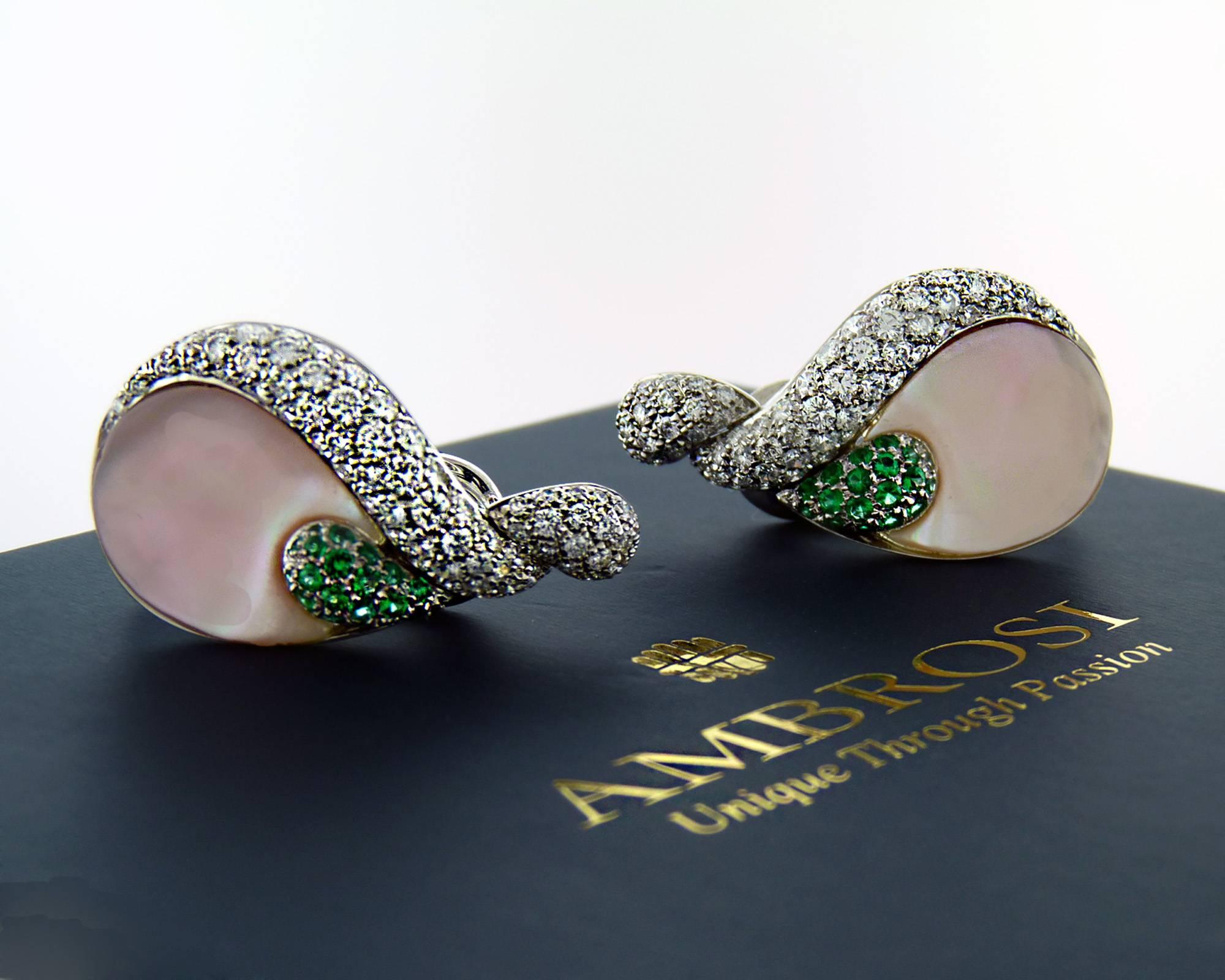 Modern Ambrosi Diamond, Colombian Emerald and Mother-of-Pearl 18 Karat Gold Earrings