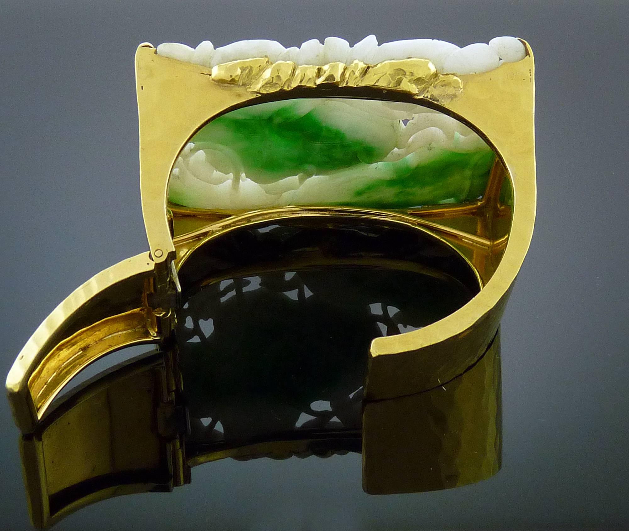 Mixed Cut David Webb Carved Jade Gold Cuff Bracelet