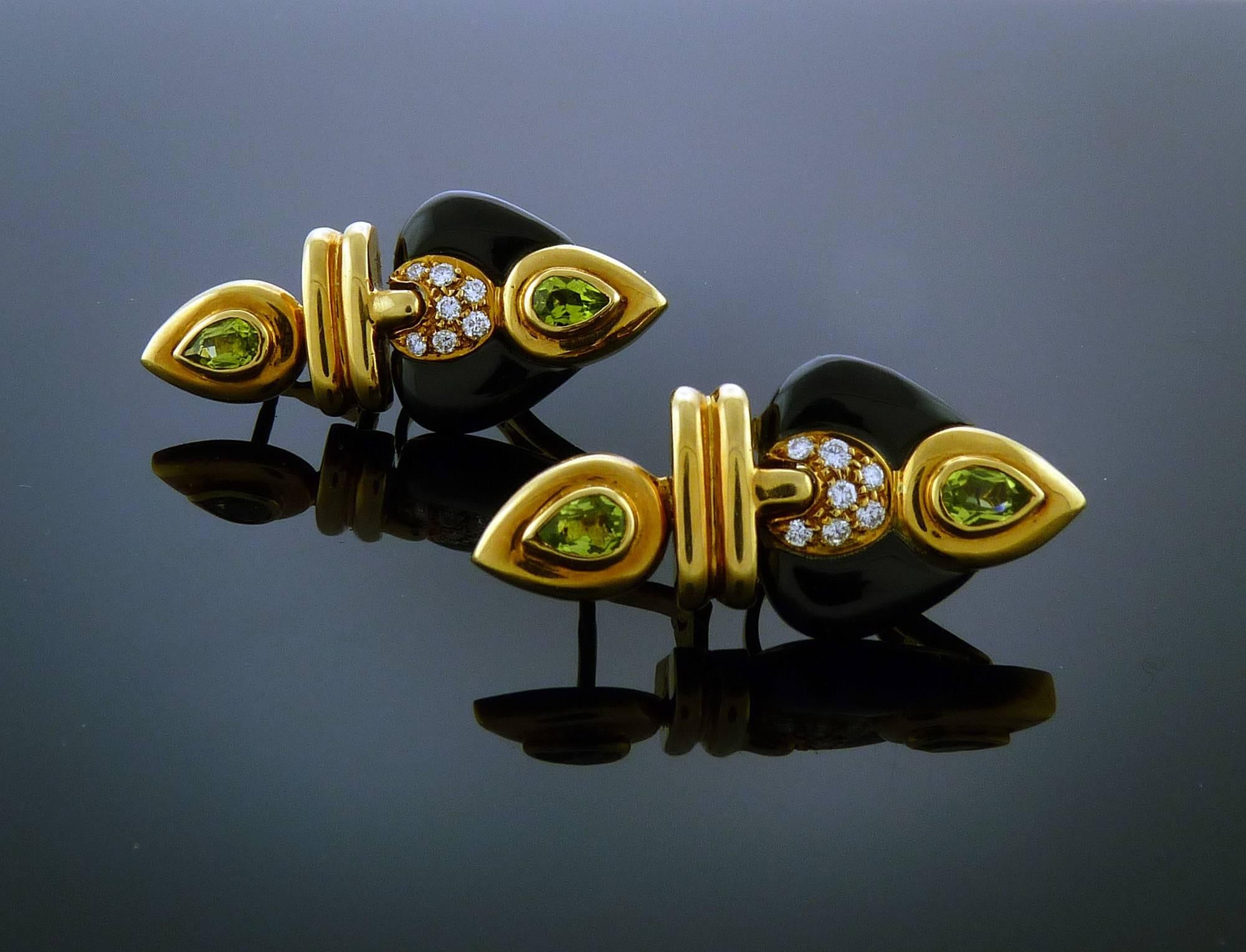 Contemporary Tourmaline Black Onyx Diamond 18K Yellow Gold Earrings