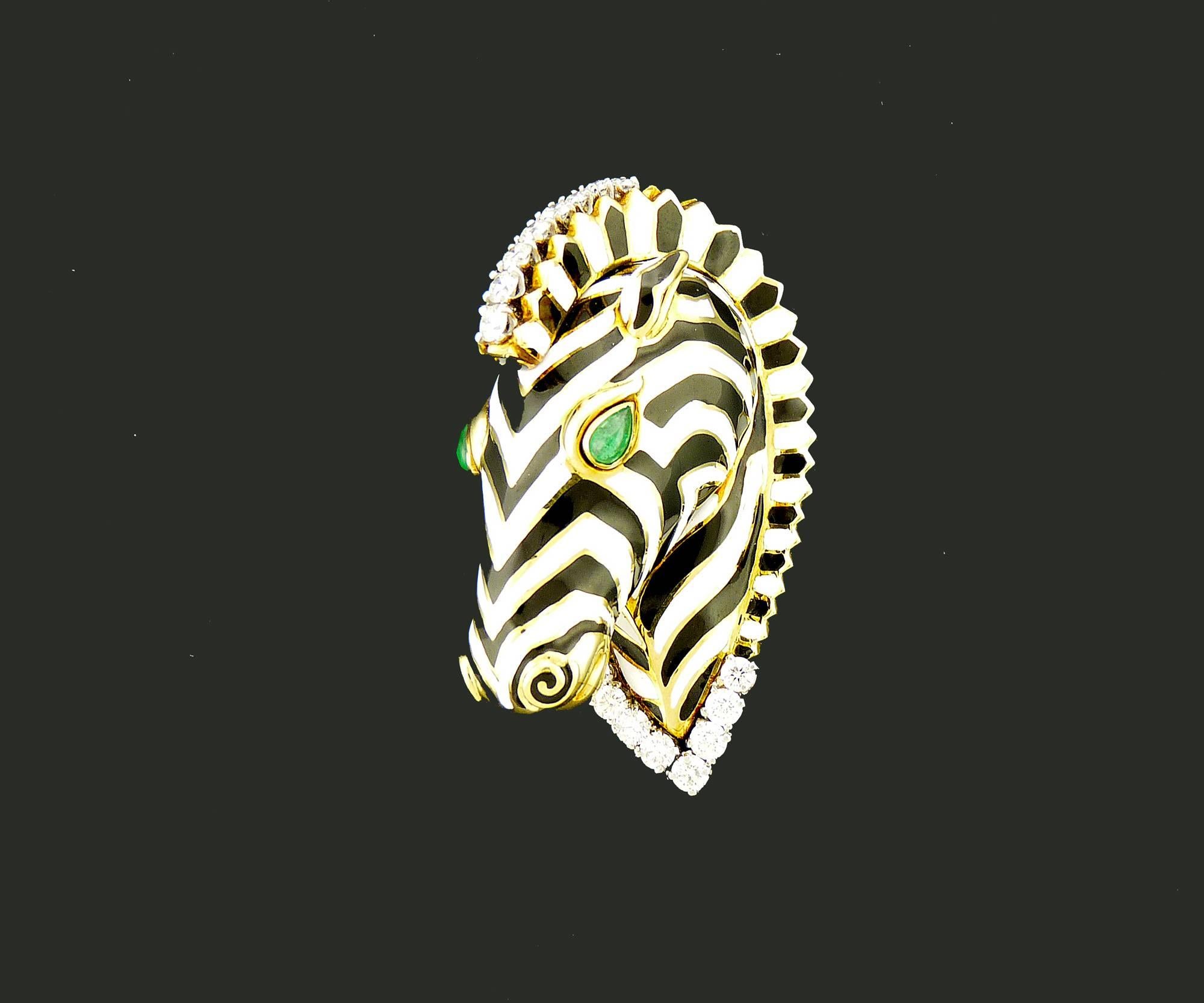 David Webb Enamel Emerald Diamond 18K Gold Platinum Zebra Brooch  2