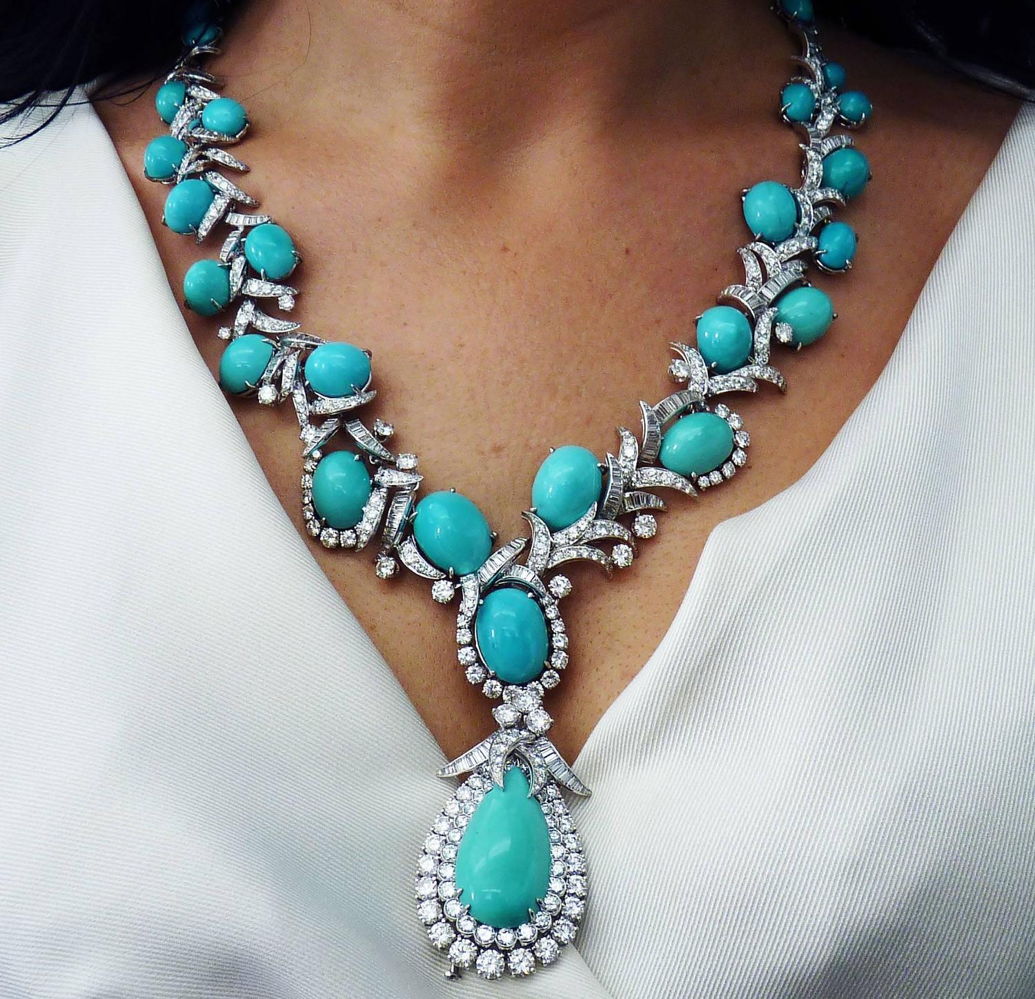 David b Turquoise and Diamond Platinum Necklace with detachable