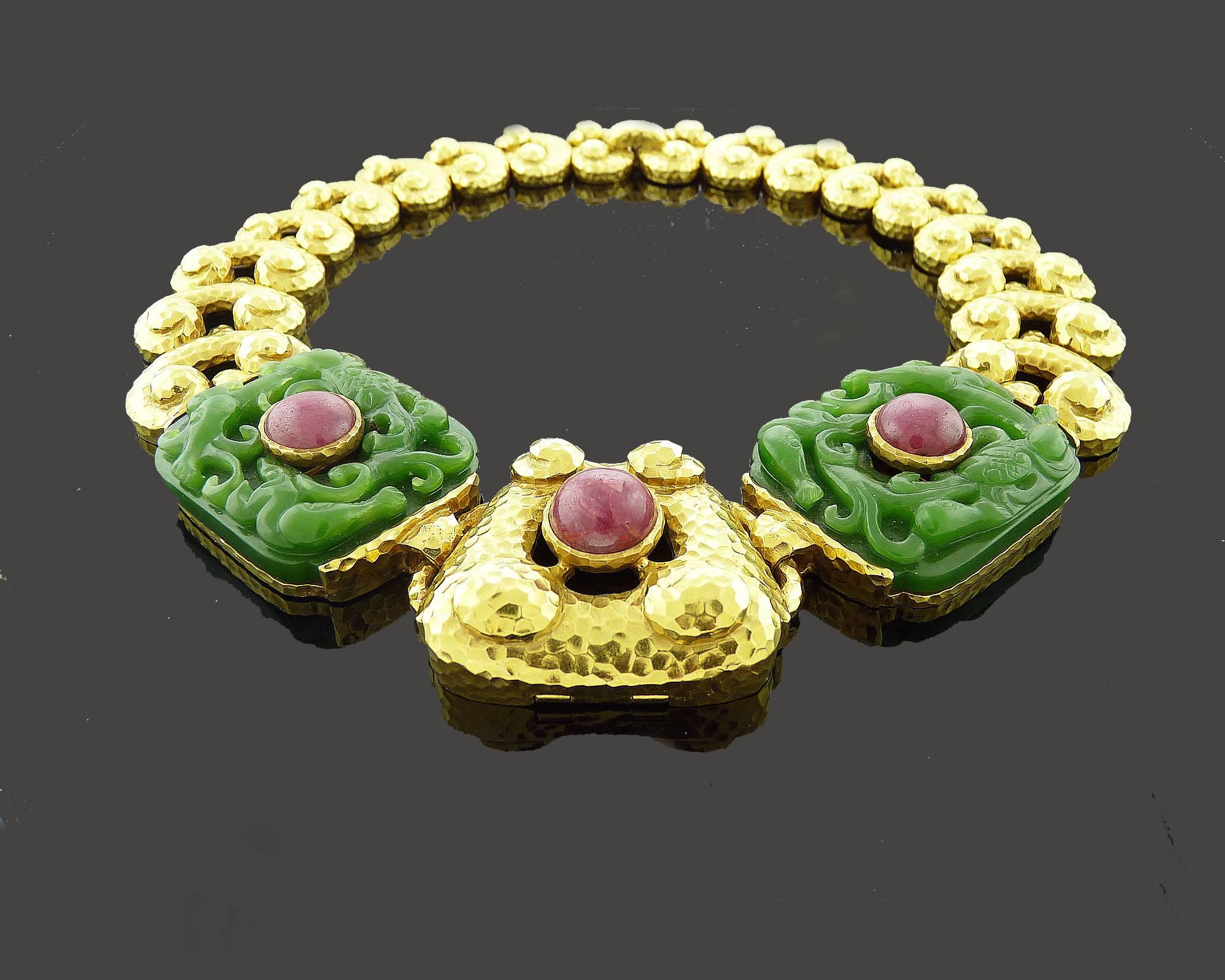 Women's or Men's David Webb Jadeite Ruby Gold Necklace Brooch Combination