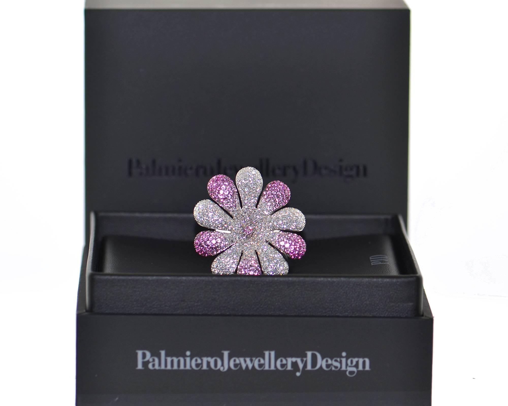 Round Cut Palmiero Diamond and Pink Sapphires 18 Karat White Gold Flower Ring
