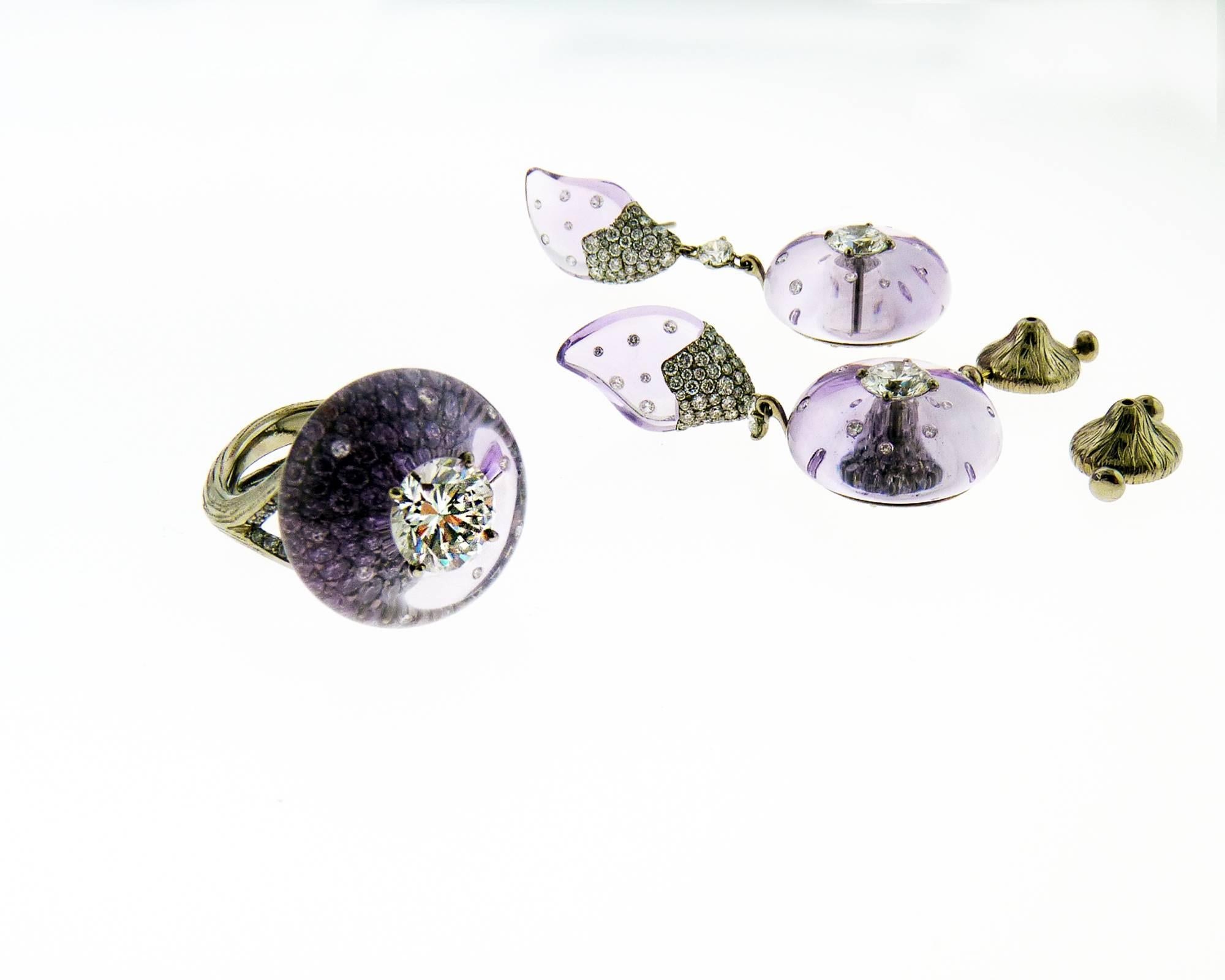 Wallace Chan Cabochon Amethyst Diamond Titanium Ring and Earrings Set In New Condition In New York, NY