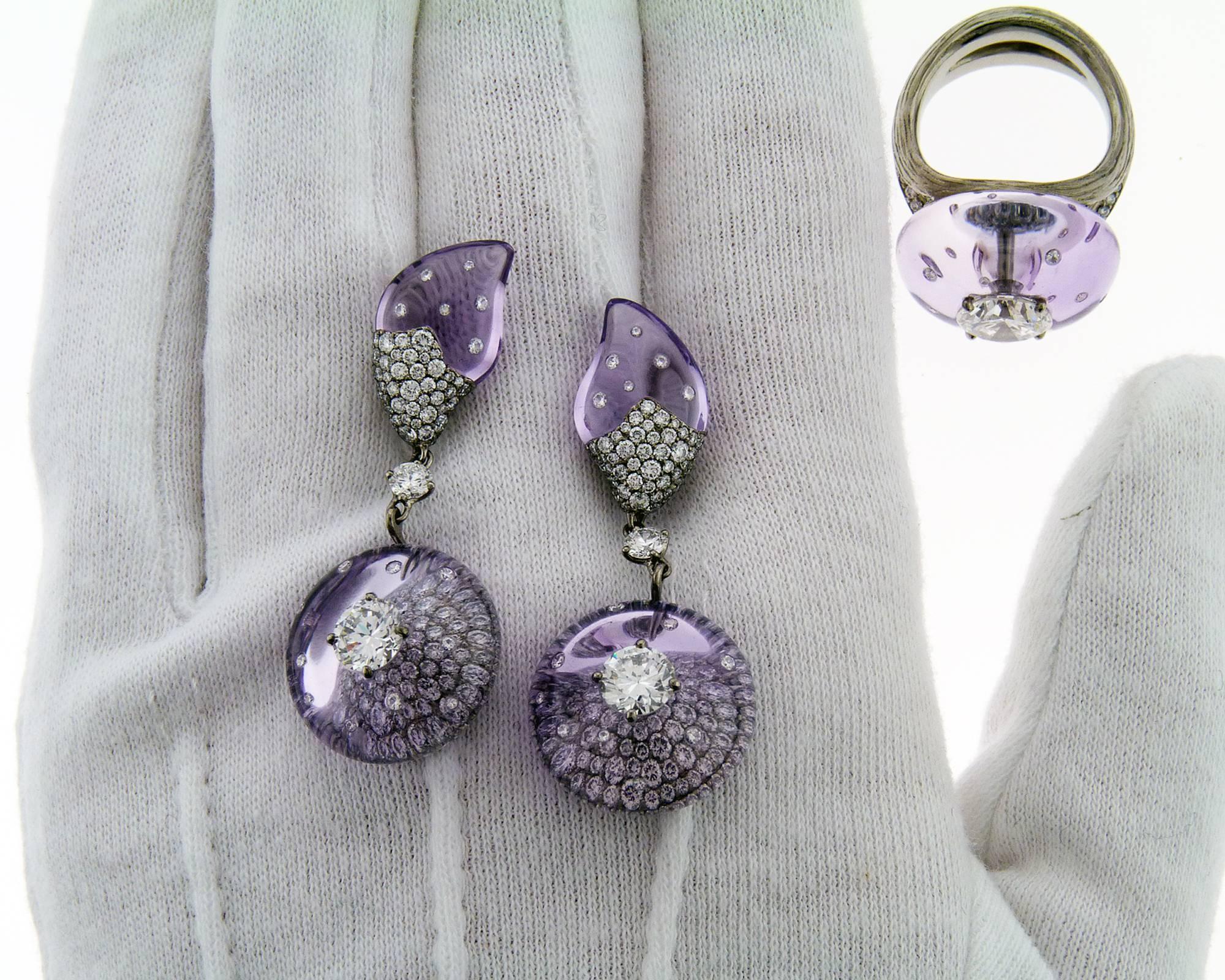 Wallace Chan Cabochon Amethyst Diamond Titanium Ring and Earrings Set 2