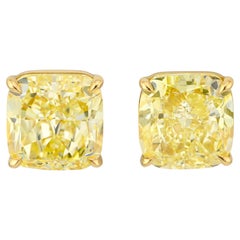 7.77 & 7.92 ct. Fancy Yellow Cushion Diamond Stud Earrings in 18k Gold  Spectra