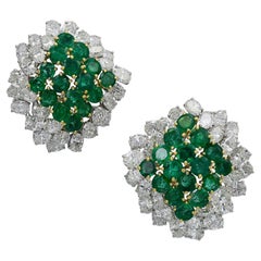 Vintage Signed Cartier Emerald Diamond Halo Cluster Button Earrings
