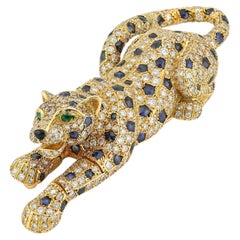 Cartier Sapphire, Emerald & Diamond Panthere Brooch 18K Gold