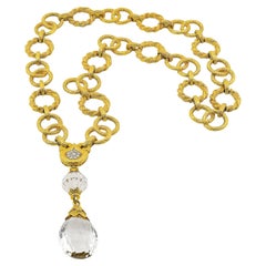 David Webb 18K Yellow Gold Rock Crystal & Diamond Pendant Necklace