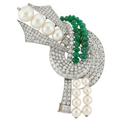 Vintage Emerald, Diamond & Cultured Pearl French Brooch